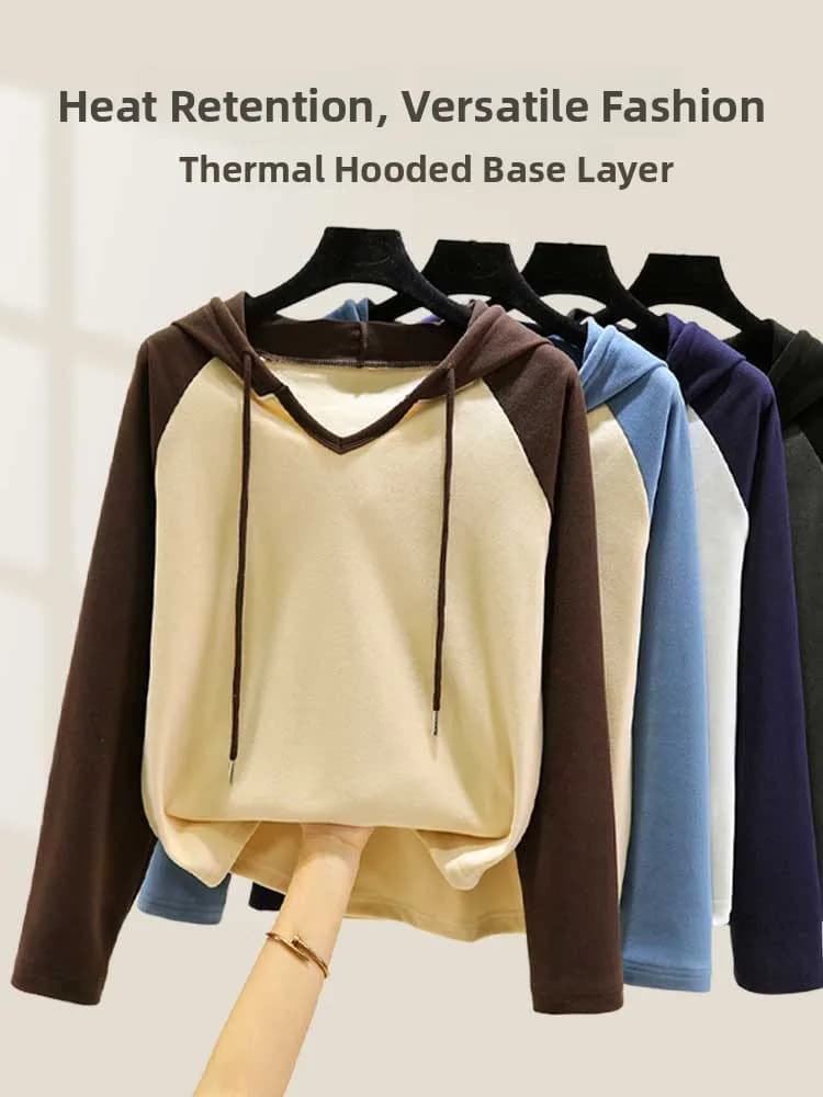 Double-Sided Fleece Hoodie Loose V-Neck Warm Base Shirt plus Size Slimming Thick T-Shirt Splice Long Sleeve Casual Top