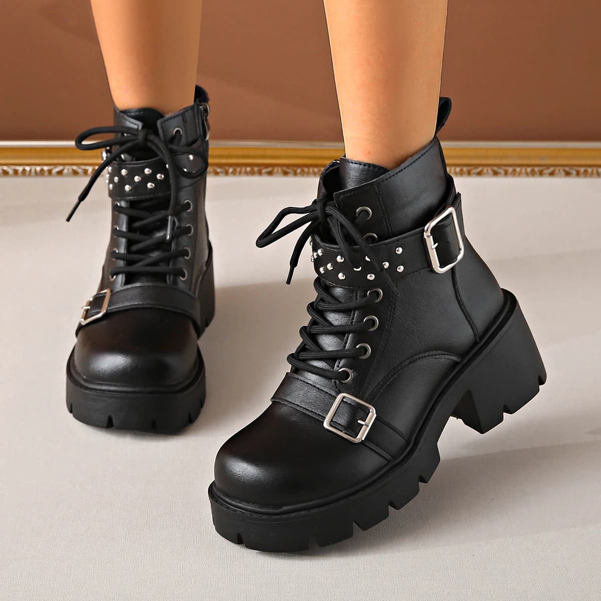 Women Ankle Boots Fashion Lace Up Shoes for Women Comfortable Luxury Buckle Strap Boots Women Solid Chunky Heel Mid-Calf Boots