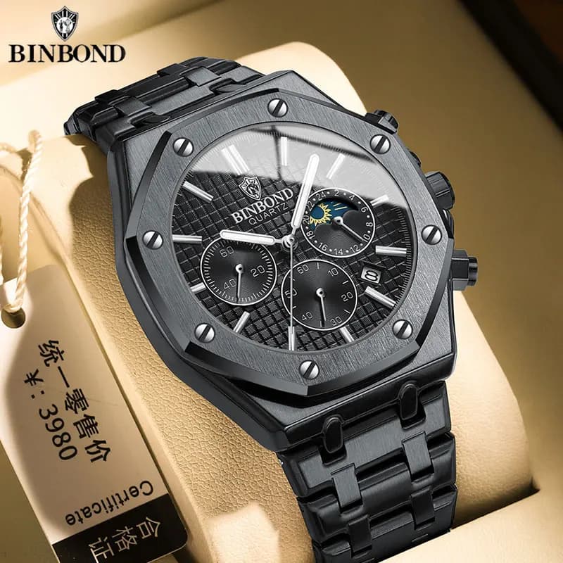 BINBOND Quality Men's Watch High Luxury Men's Quartz Wrist Watch Waterproof Men's Watch with Stainless Steel Luminous Date