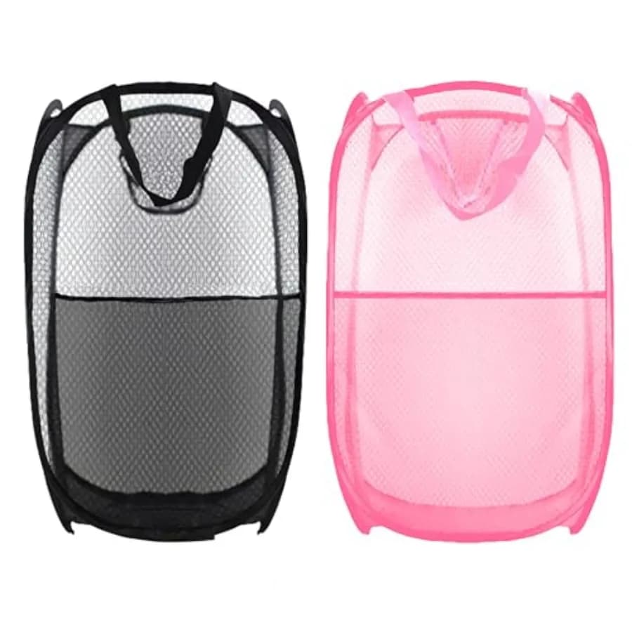 Collapsible Pop Up Laundry Hamper, Extra Large Mesh Foldable Laundry Basket Bag, 28" x 16" x 16", 2 Pack Black + Pink
