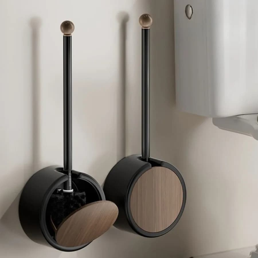Scopino per WC a parete senza trapano, manico lungo staccabile con venature del legno, strumento e accessori per la pulizia del bagno