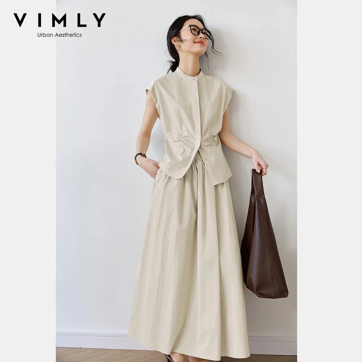 VIMLY Set Gonna Casual Minimalista da Donna 2026 Nuovo Estivo Top Senza Maniche Girocollo e Gonna Lunga con Elastico in Vita, Completo 2 Pezzi M9593