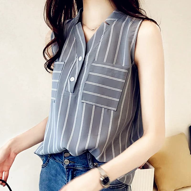 Top estivi da donna T-shirt camicetta vintage sexy gilet in chiffon canotta senza maniche tasca striscia camicia volant magliette magliette casual larghe