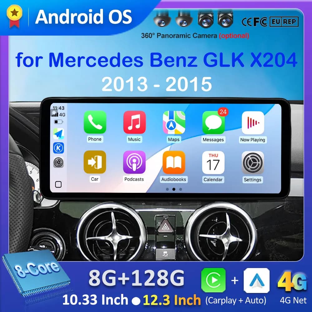 Autoradio Wireless per Mercedes Benz GLK X204 2013 - 2015, Lettore Video Android 16, GPS 4G, Strumenti Auto, Schermo QLED Ultra Sottile