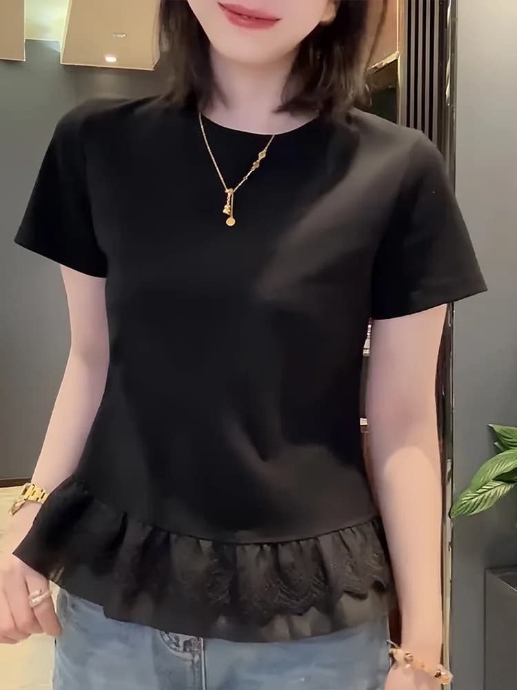 Slimming round Neck Short Sleeve T-Shirt Women's Summer Fashionable Age-Reversing Ruffle Splice Top Korean Style Commute Wind