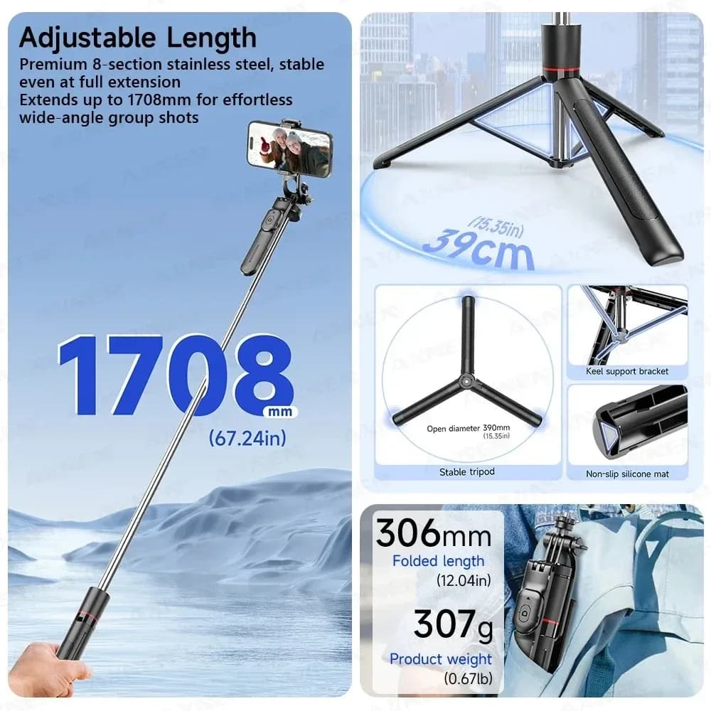 F16 selfie stick tripod with long pole 8 sections 1708 mm, Bluetooth remote control, 360 ° Rotation, 1/4 interface, for Vlog telephone camera