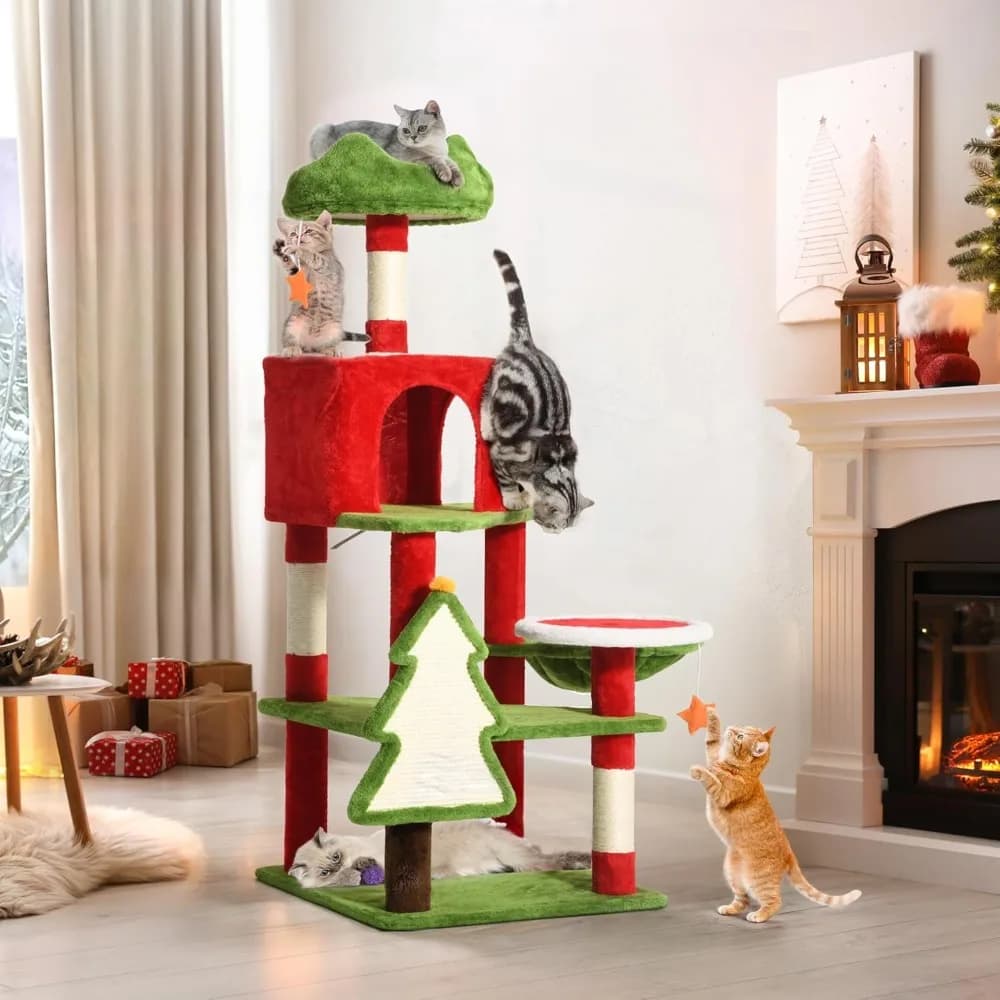 YITAHOME Torre per albero di Natale per gatti da interno, torre da arrampicata per gatti multilivello da 54 pollici con condomini per gatti, posatoi superiori, amaca, Si