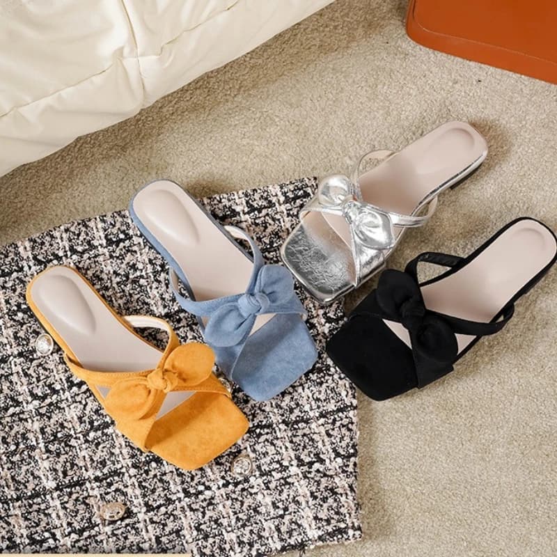 Large fat feet French bow Square head Flat bottom Slippers Summer flat heel Hundred women's shoes
