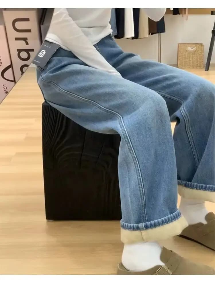 Slim Fit Wide Leg Denim Jeans Women's Thickened Fleece Autumn Winter High Waist Loose Straight Long Trousers Casual Style