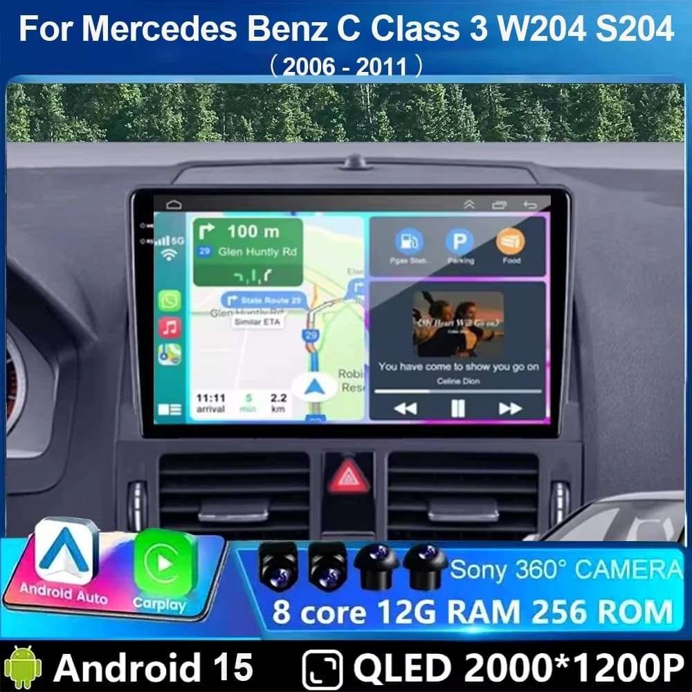 Android 15 For Mercedes Benz C Class 3 W204 S204 2006 2007 2008 2009 - 2011 Heda Unit QLED Car Radio Stereo Carplay Auto WIFI