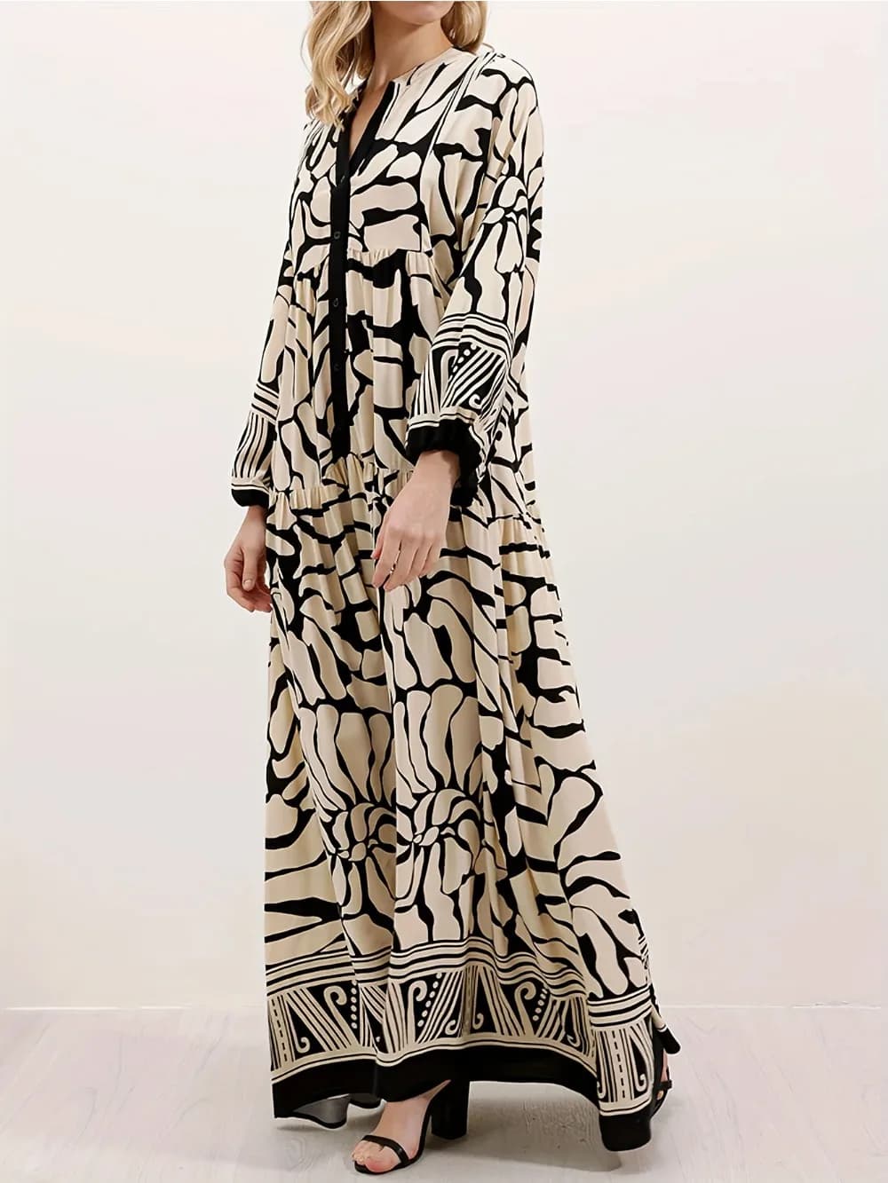 Eid Women's Dress Muslim Autumn Print V Abaya Dubai Dresses Largos Long Dresses Arabic Dresses Party Caftano Jalabiya Ramadan