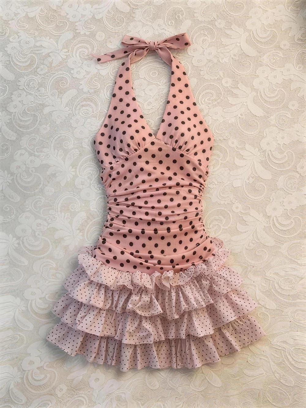 Top Corto Rosa da Donna, Sexy e Dolce, con Stampa a Pois, Stile Corsetto Aderente con Lacci, Top a Scollo Basso Kawaii