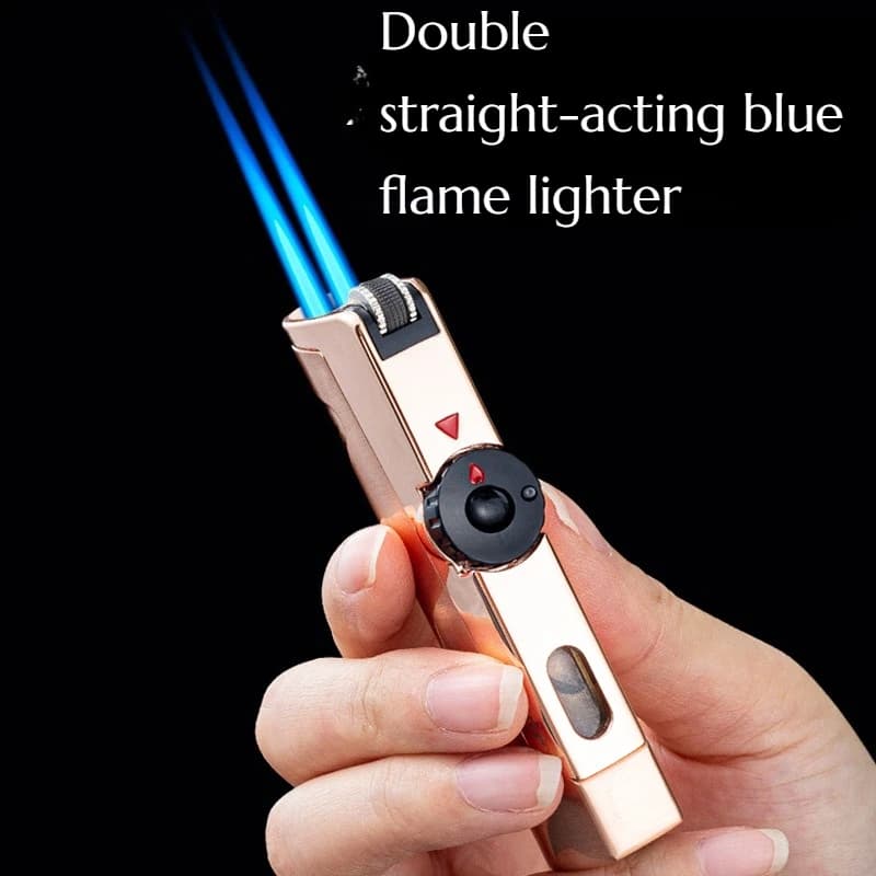 Metal Windproof Double-fire Direct-lighting Lighter with Transparent Oil Tank Blue Flame Men's High-end Cigarette Accessory