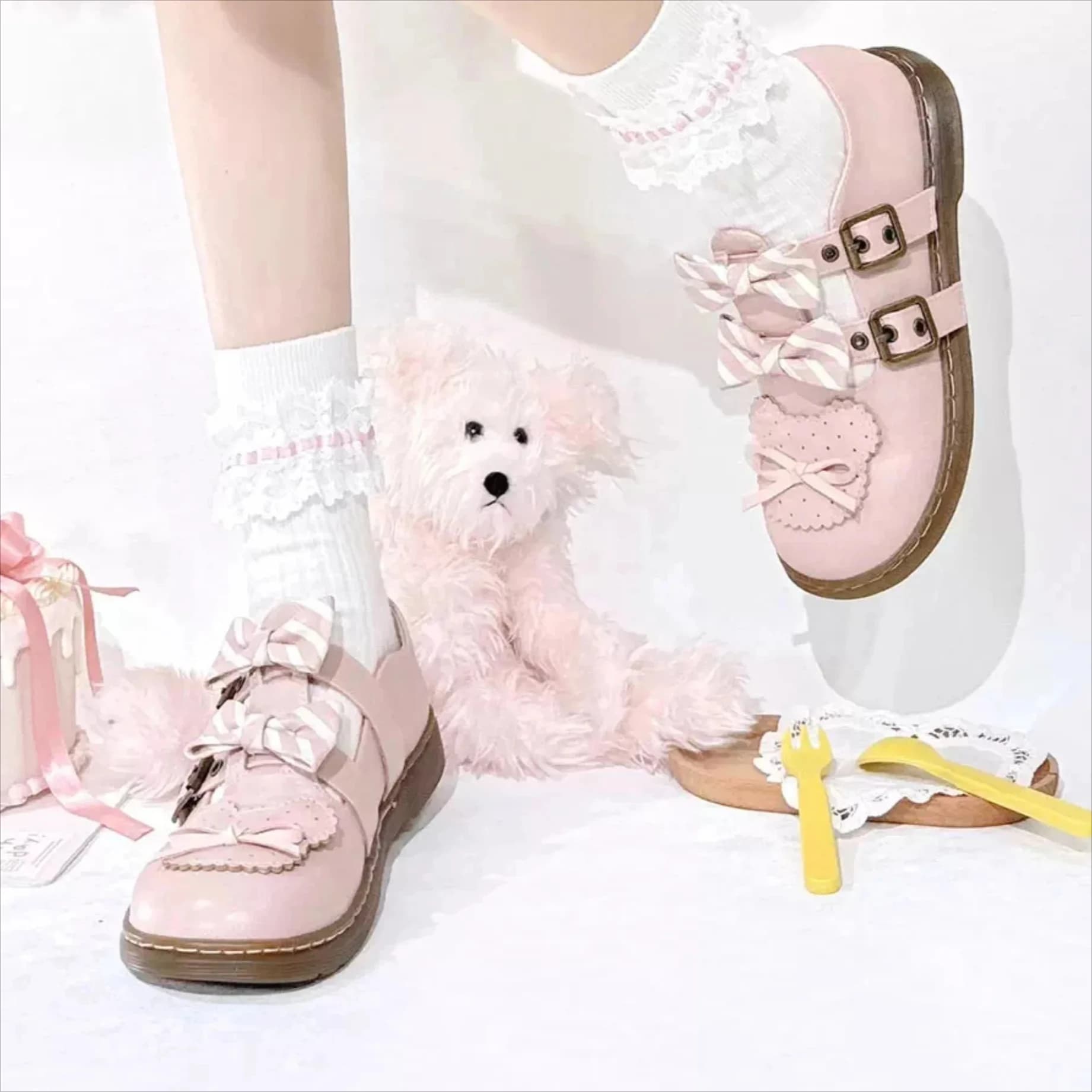 Fashionable Lolita Sweetheart Flat Leather Shoes with Rubber Sole Leather Shoes with Sweet Striped Bow Japanese Style Pink Shoes