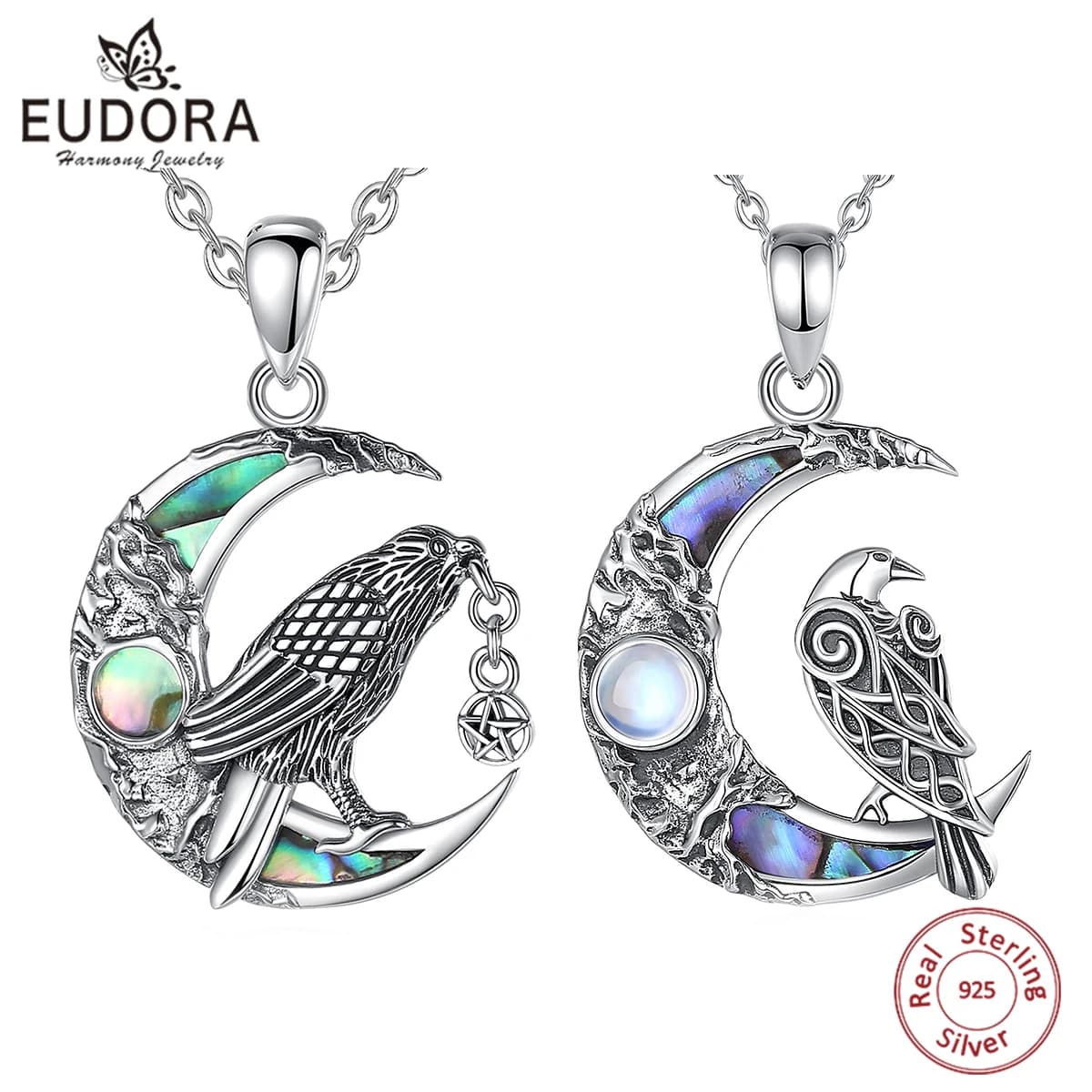 Eudora 925 Sterling Silver Viking Raven Moon Necklace for Women Man Pentagram Crow Amulet Pendant Natural Abalone Shell Jewelry