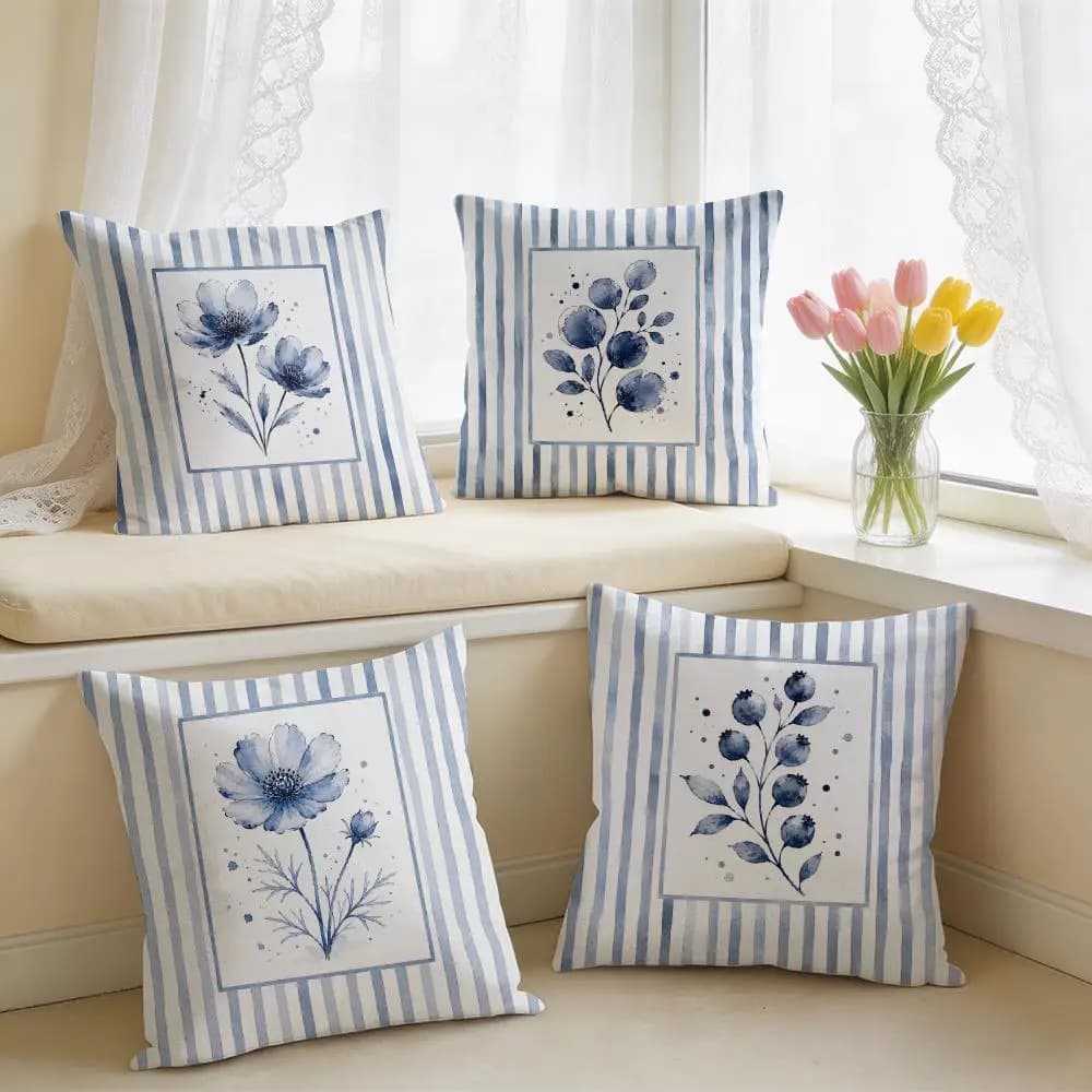 Ins Modern Art Flower Blue Leaf Cushion Cover Silky Short Plush Invisible Zipper Dustproof Sofa Pillow Case For Home Decor