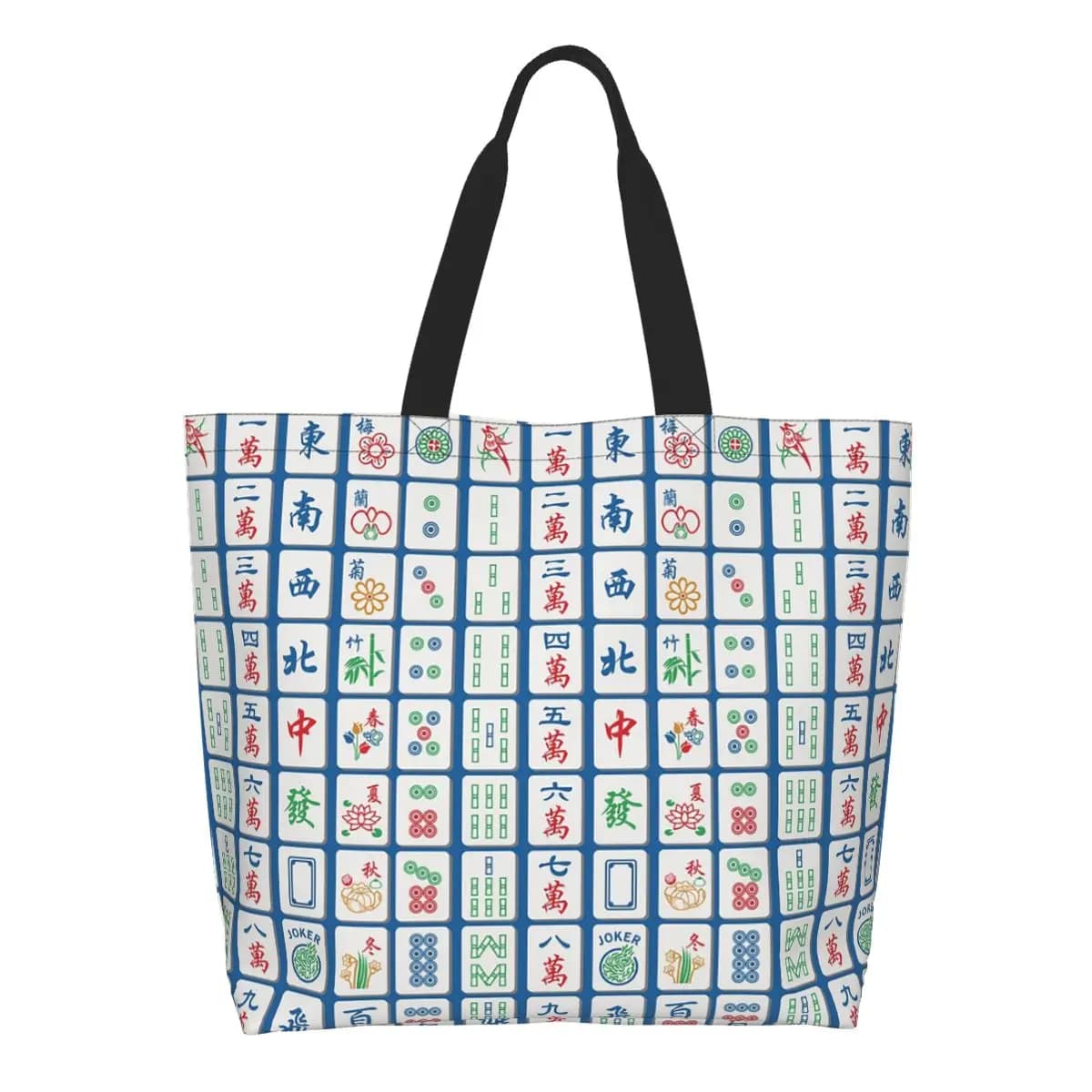 Mahjong Tiles On Blue Shopping Tote Bag Canvas Large Capacity Shoulder Bags Shopper Grocery Handbag for Women