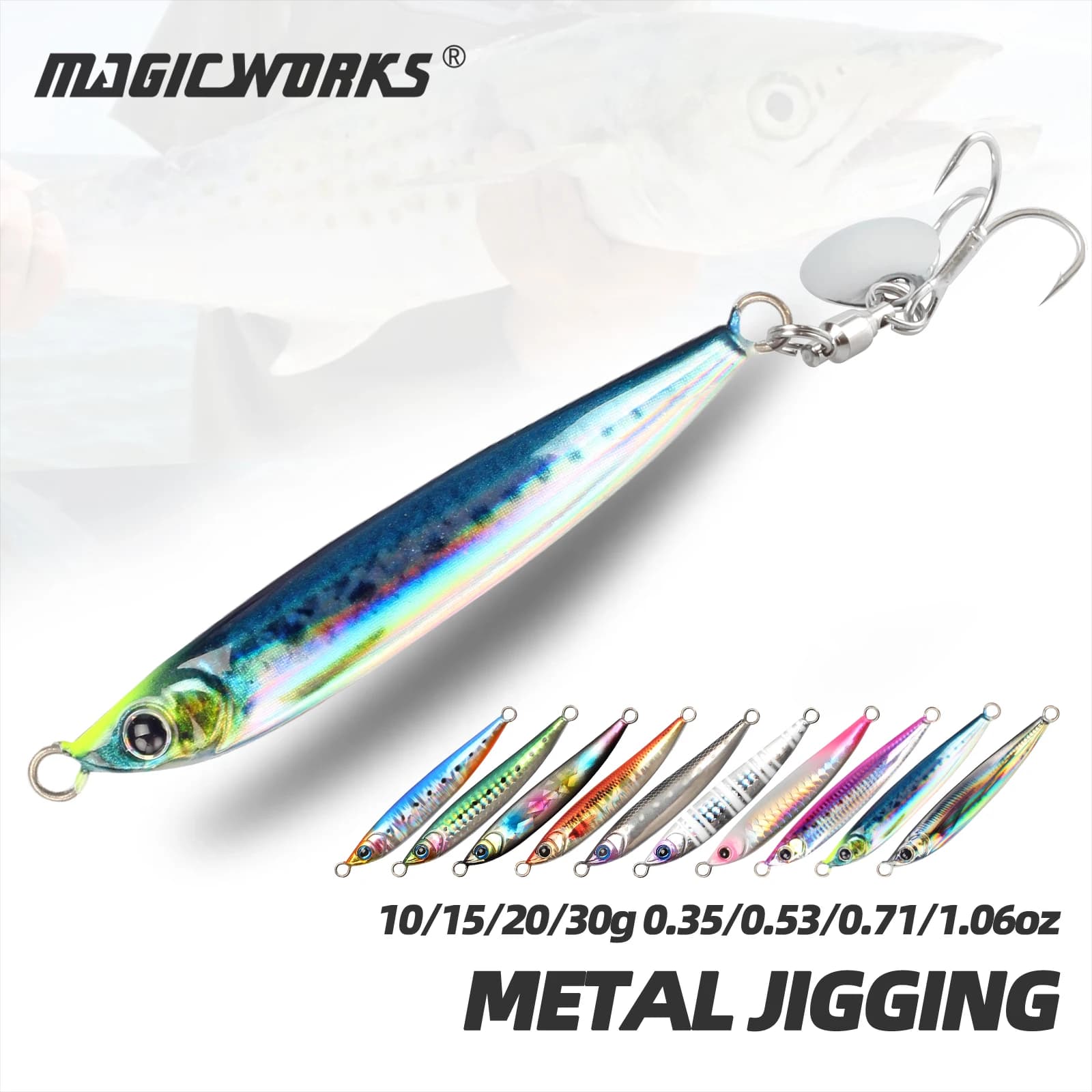 Esche Metalliche Magic Works per Pesca in Mare, Jig da 10g 15g 20g 30g con Coda Rotante, Esca per Pesca dalla Riva in Acqua Salata, Attrezzatura per Bass
