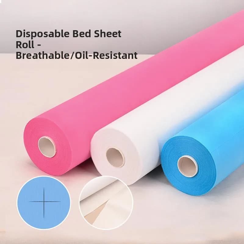 Roll of disposable sheets in nonwoven fabric, waterproof and anti-oil, for mattress, with cross stitches, ideal for beauty salons