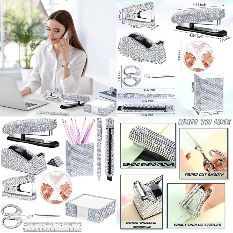 Teling Set di 10 Accessori da Ufficio Luccicanti, Kit di Forniture per Scrivania con Graffette e Accessori Glitterati