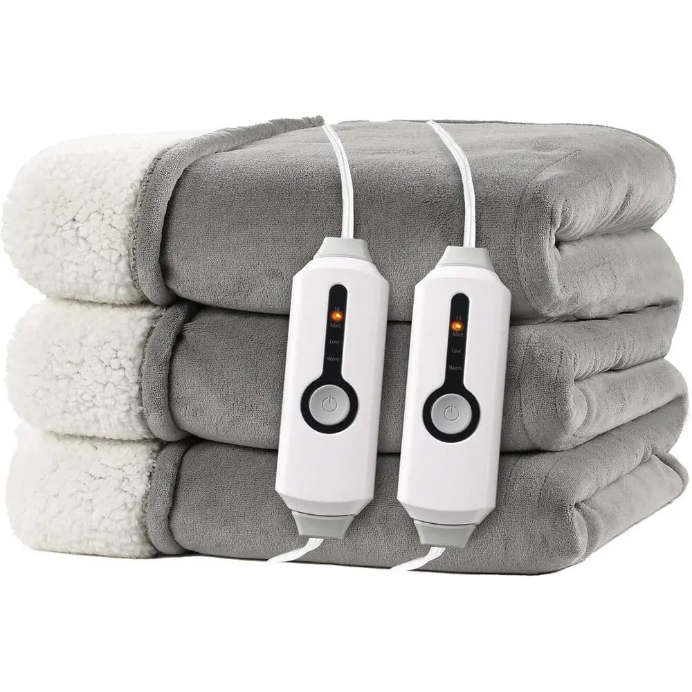 King Size Electric Heated Blanket 90x100 - 4 Heat Levels, 10H Auto-Off, Dual-Sided Sherpa, Machine Washable, Light Gray