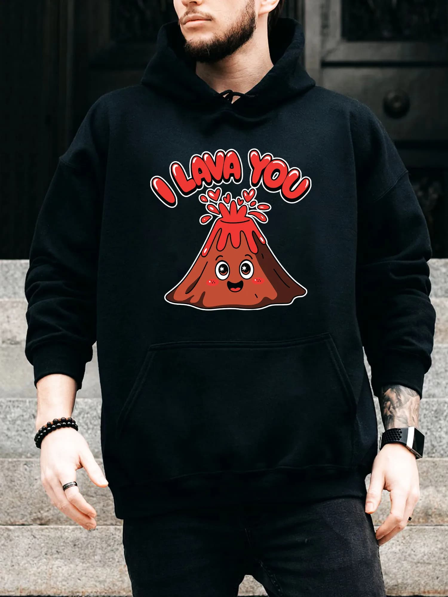 Felpa con cappuccio da uomo con coulisse I Lava You - Pullover nero casual e confortevole, felpa con cappuccio autunno e inverno