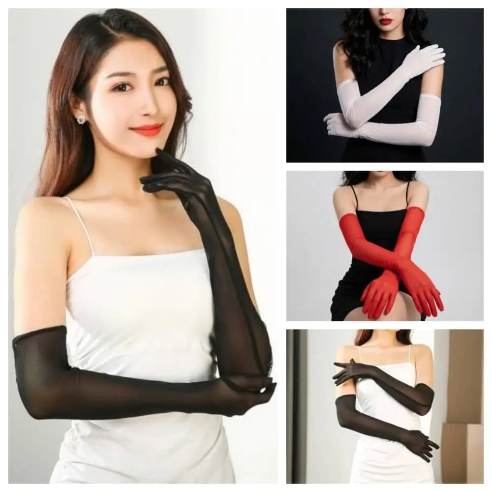 Guanti Trasparenti Ultra Sottili Elasticizzati, Protezione Solare al Gomito, Guanti Neri a Rete per Protezione Solare, Guanti a Dita Intere per Sposa