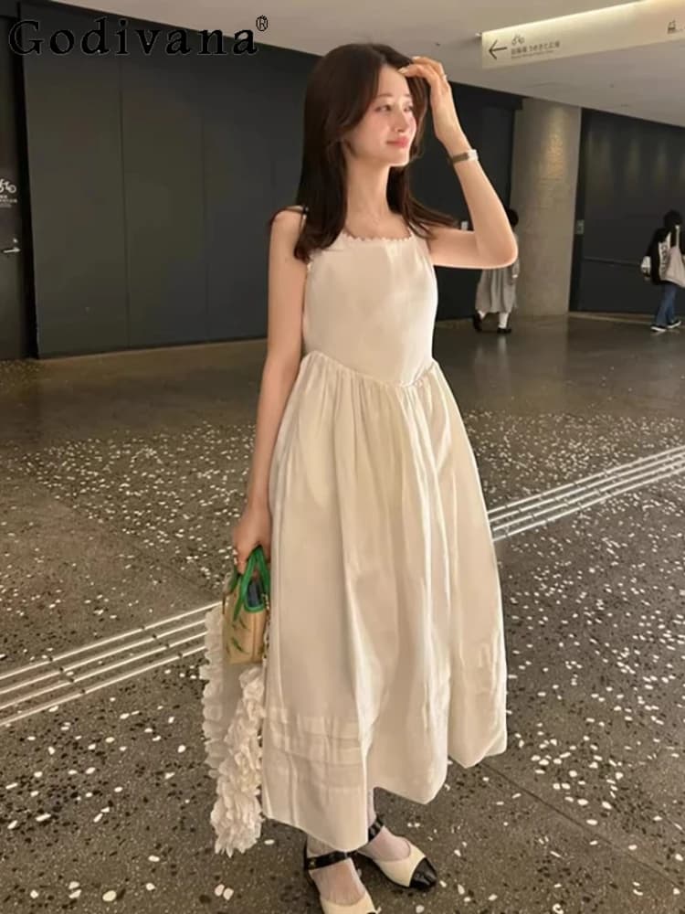 Abiti Lunghi Estivi Senza Maniche da Donna Stile Giapponese Dolce Moda Elegante Vestito Kawaii con Scollo Quadrato