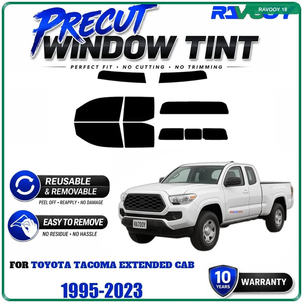 RAVOOY Precut Window Tint, Reusable Removable EPU Film, Custom Fit for Toyota Tacoma Extended Cab 1995-2023, UV Heat Protection