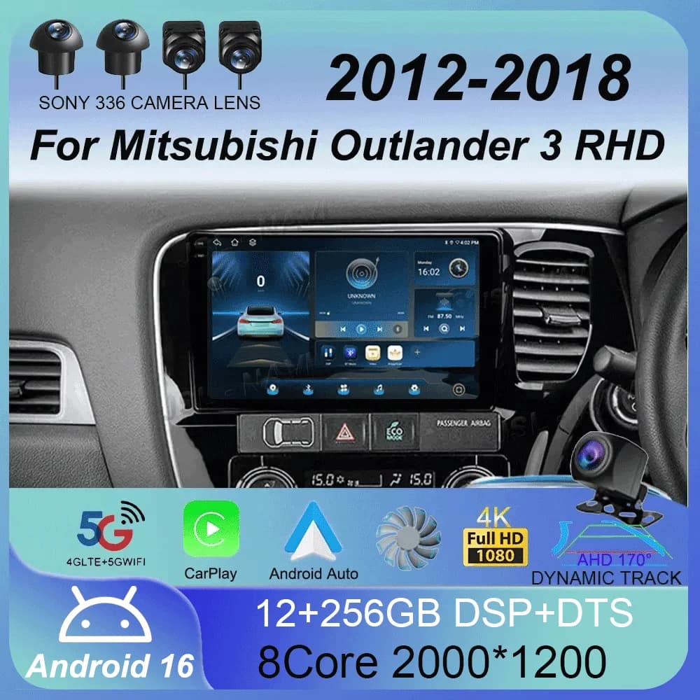 Autoradio Android 16 con Carplay, Lettore Multimediale per Mitsubishi Outlander 3 RHD 2012-2018, GPS Stereo 2din