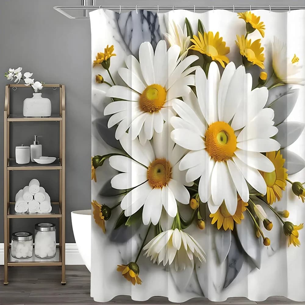 Tenda da doccia a margherita, tenda da doccia decorativa per bagno, tenda da doccia impermeabile con ganci