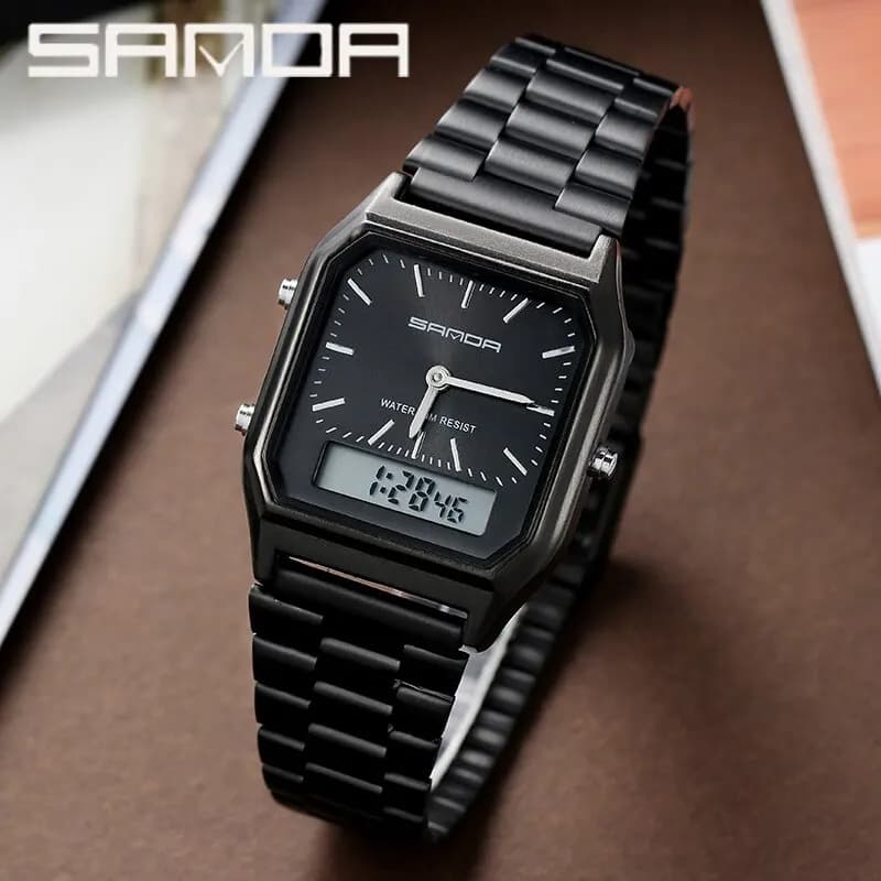 SANDA Luxury Mens G Style Stainless Steel Women's Watch LED Digital Dual Unisex Watch Waterproof Quartz