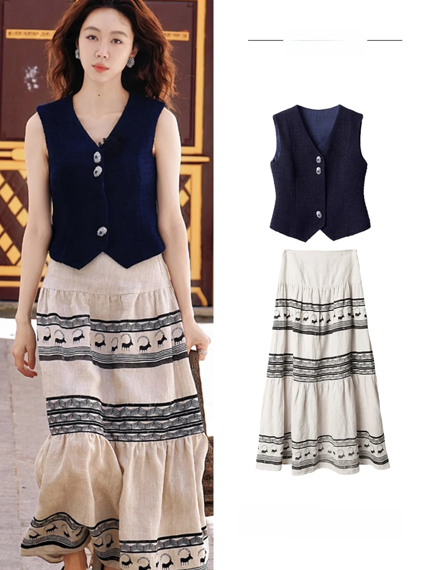 Versione Giovane Qi Yang Abito Lungo con Stampa e Collo Halter Stile Cinese Gonna a Vita Alta Linea A Traspirante in Misto Cotone Primavera Estate