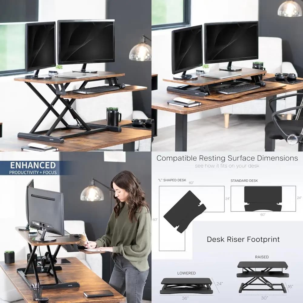 Support for Double Monitor Adjustable Height with Wide Tasting Tray, Top Vintage Brown, Black Frame
