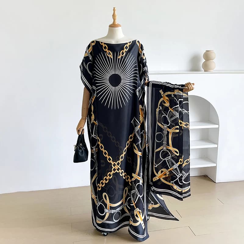 NUOVO Abito Estivo alla Moda con Stampa e Grande Sciarpa, Caftano Musulmano Dubai Turchia, Abaya Larga da Donna, Tunica Casual Africana con Motivo Paisley