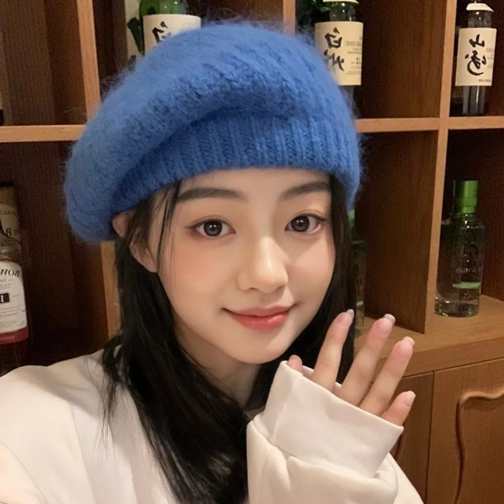 Retro Wool Mohair Beret Solid Color Big Head Circumference Knitted Beanie Cap Warm Versatile Painter Hat Female