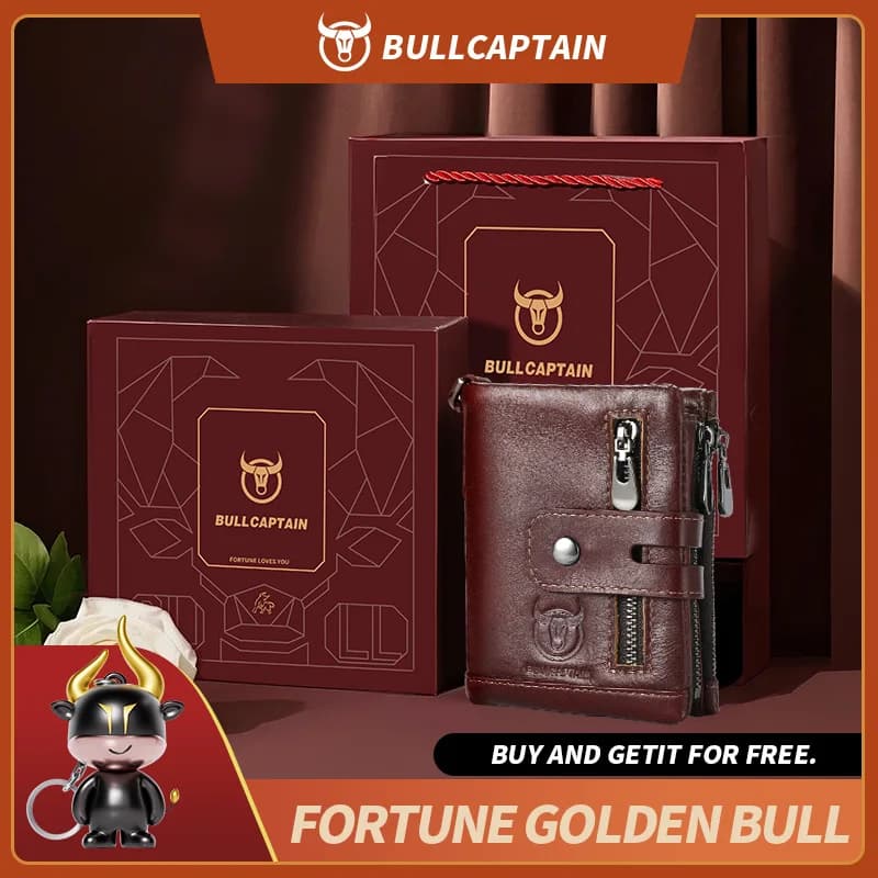 BULLCAPTAIN Confezione regalo Portafoglio da uomo in vera pelle Borsa per carte con catena in ferro antifurto RFID multifunzione Viene fornito con portamonete