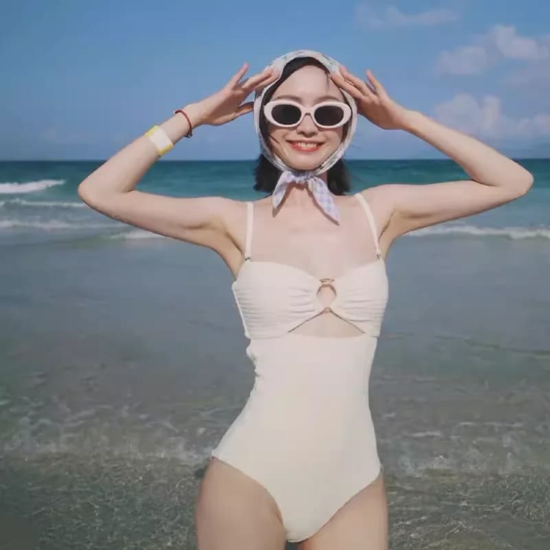Retro Strapless Brown One-piece Swimsuit Women's Thermal Bath Belly Covering Slimming Cute Casual Swimwear