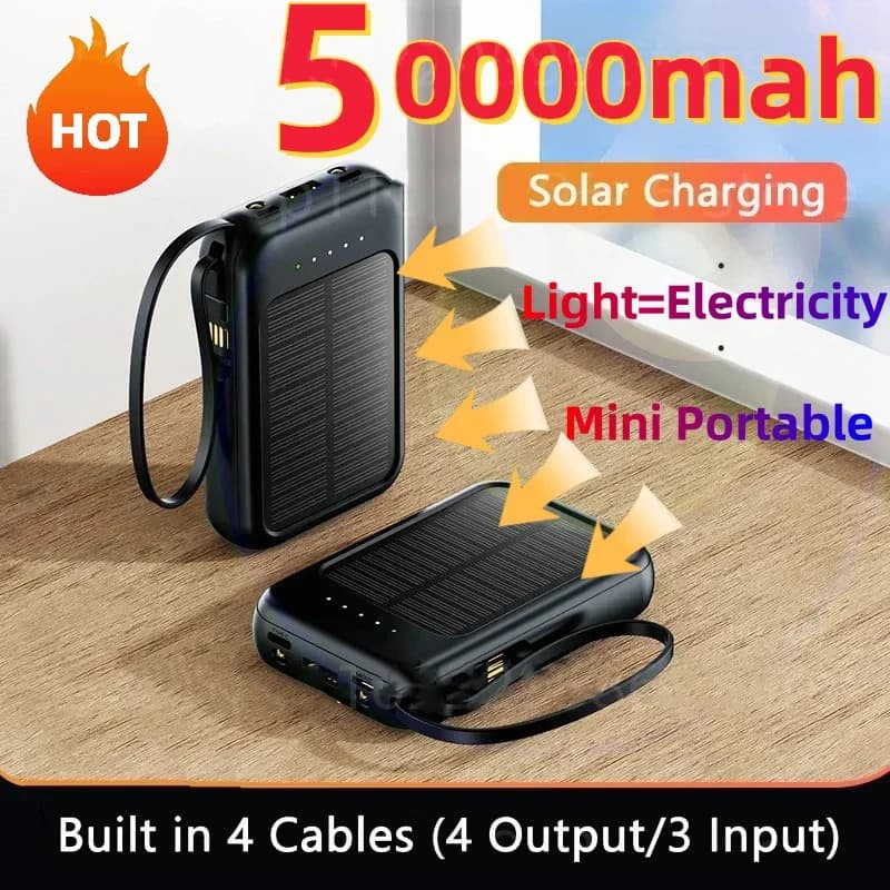 Power bank 50000mah Solar Power Bank Cavi incorporati Caricatore solare 2 porte USB Caricatore esterno Powerbank con luce a led 2025 Nuovo