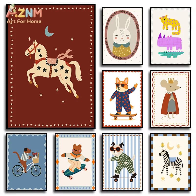 AZNM Retro Cartoon Animal Canvas Print Star Horse Skateboard Dog Bear Zebra Rabbit Colorful Cute Kids Playroom Nursery Gallery W