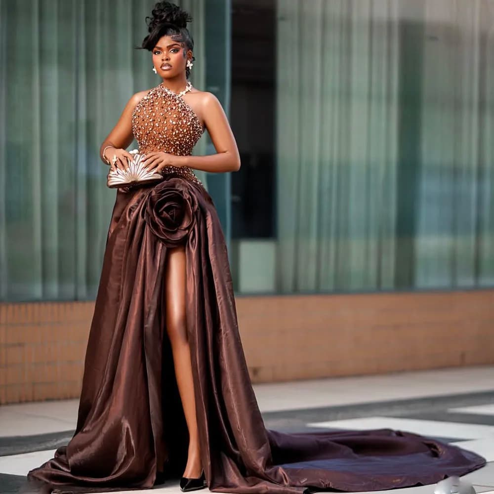 Aso Ebi's Luxury A-line Ball Dress Sexy High Slit 3D Flower Off The Shoulder Sequin Evening Gown Wedding Party Dress Customized