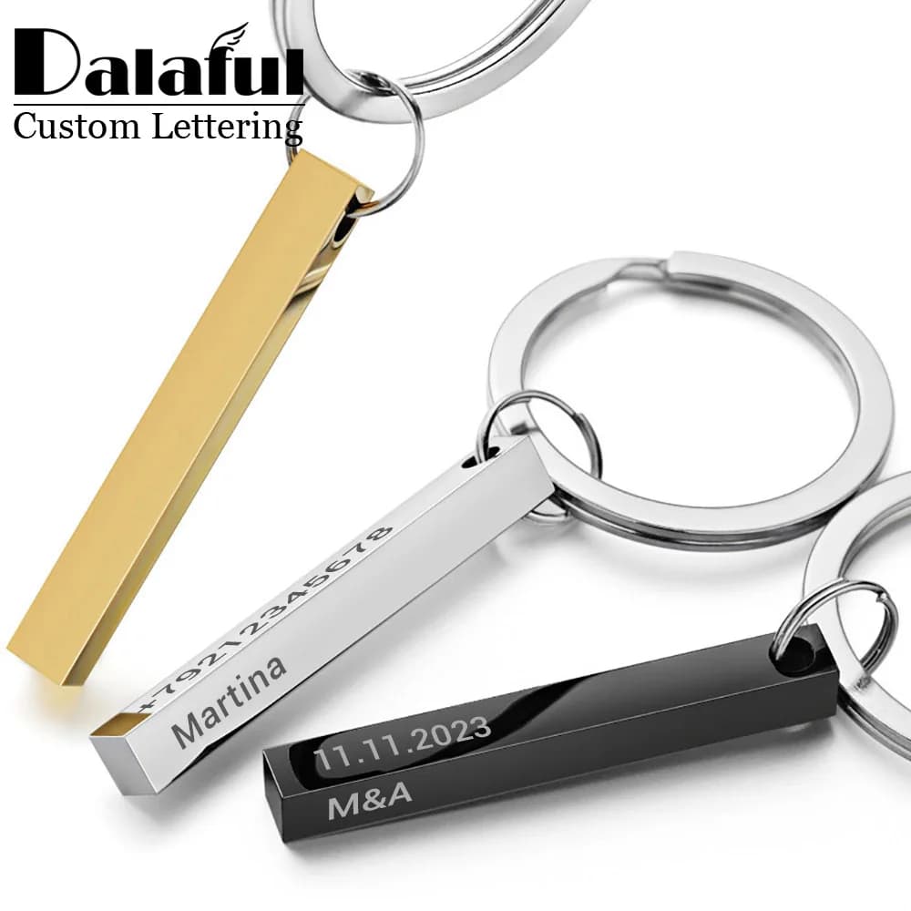 Personalizza Portachiavi Barra 3D Portachiavi in acciaio inossidabile 4 lati Incidi testo Nome Data Logo Portachiavi personalizzati Anelli Regalo d'amore P039