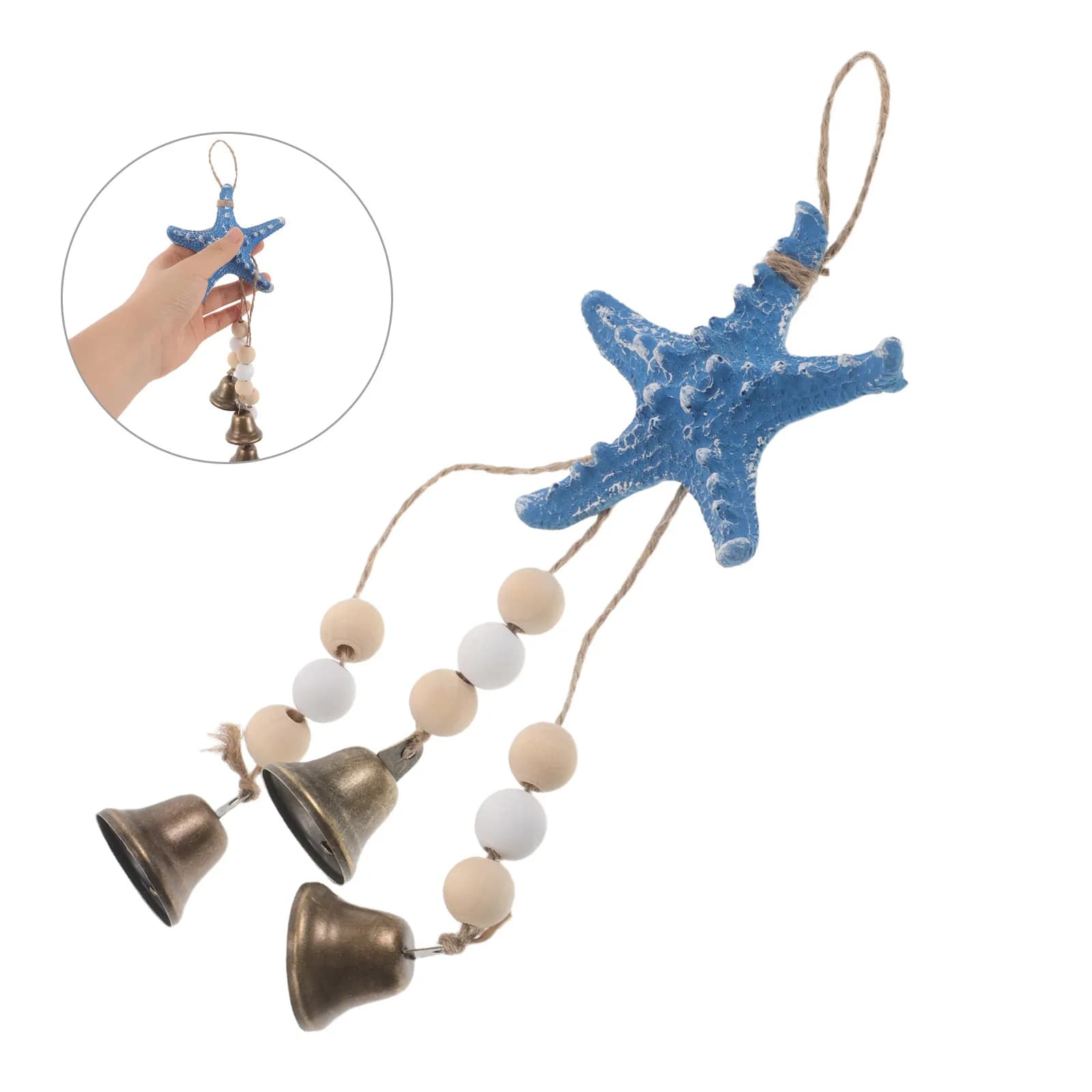 Sea Star Wind Chime Mediterranean Style 11 Inch Coastal Wall Hanging Decor with Wood Beads Metal Bells for Patio Balcony Indoor
