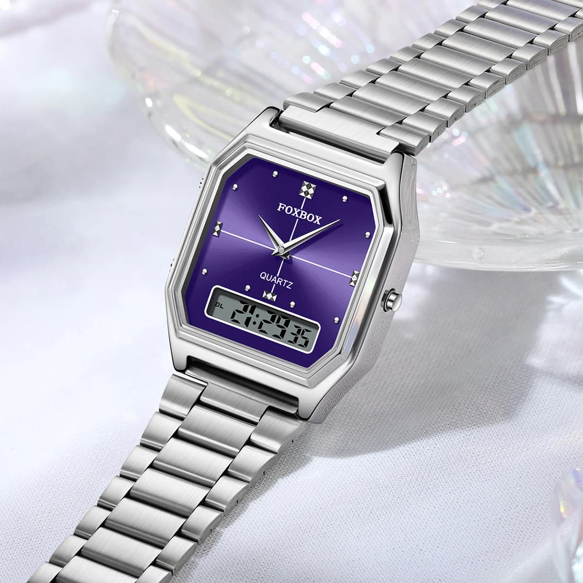 Foxbox Luxury Mens Style Watches Stainless Steel Women LED Digital Dual Display Clock Unisex Waterproof Sport Quartz Women Watch