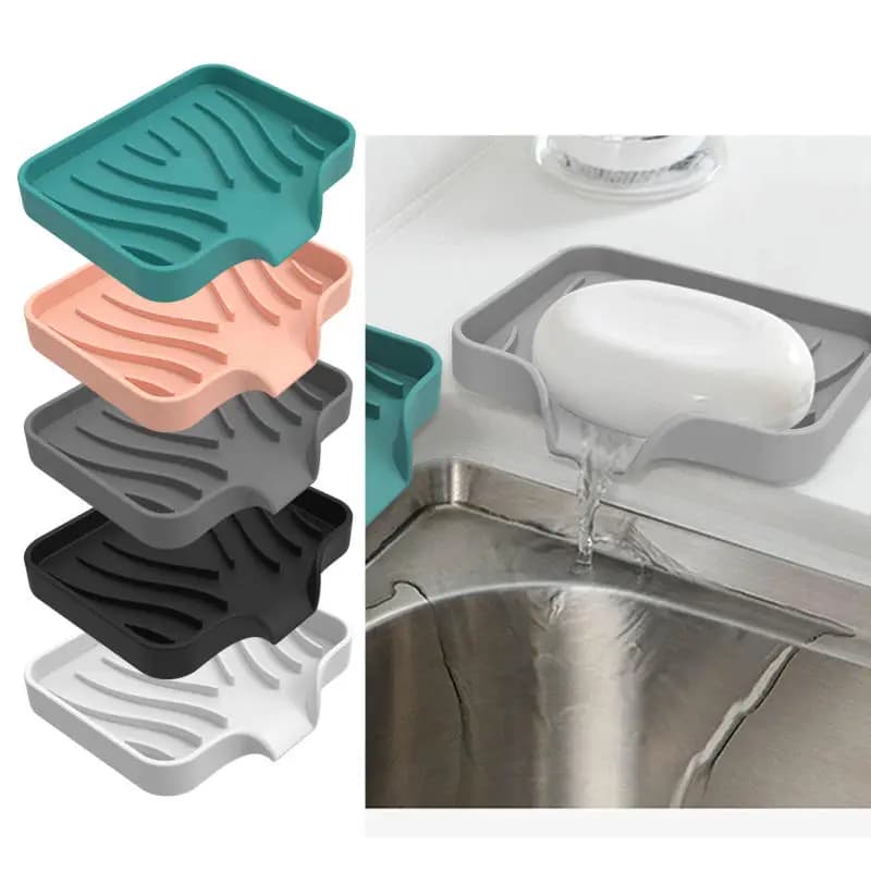 Vassoio in silicone per lavello con scarico, porta sapone e spugna, organizer da cucina per spazzole e spugnette, da appoggio sul lavello