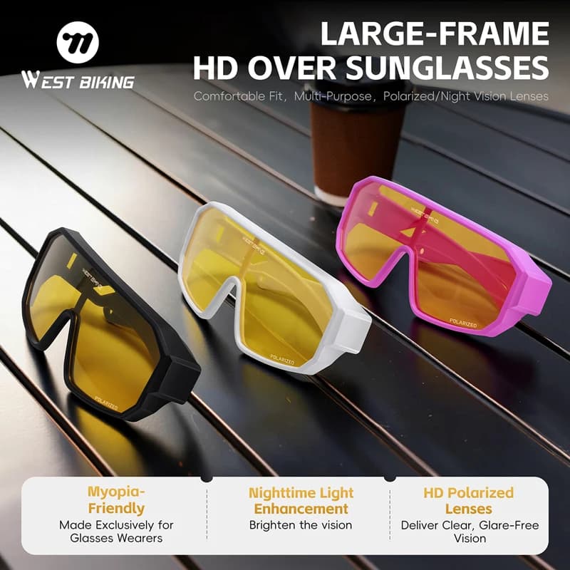 WEST BIKING Polarized Cycling Glasses Fit Over Myopic Sunglasses HD Large Frame Fishing Riding Goggles MTB Road Bike Equipments