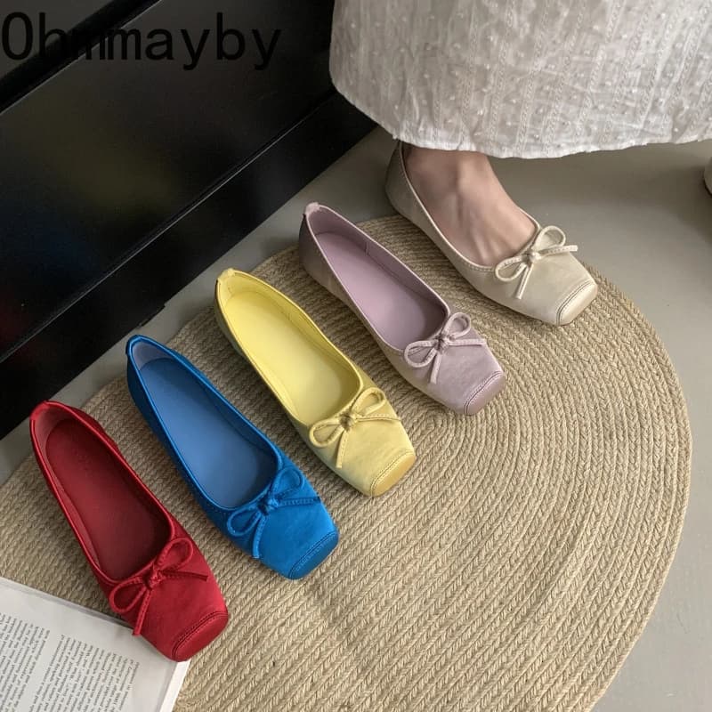 2026 Primavera Punta quadrata Ballerine da donna Concise Slip on poco profonde Scarpe da donna Suola morbida Scarpe eleganti Eelgant con nodo a farfalla