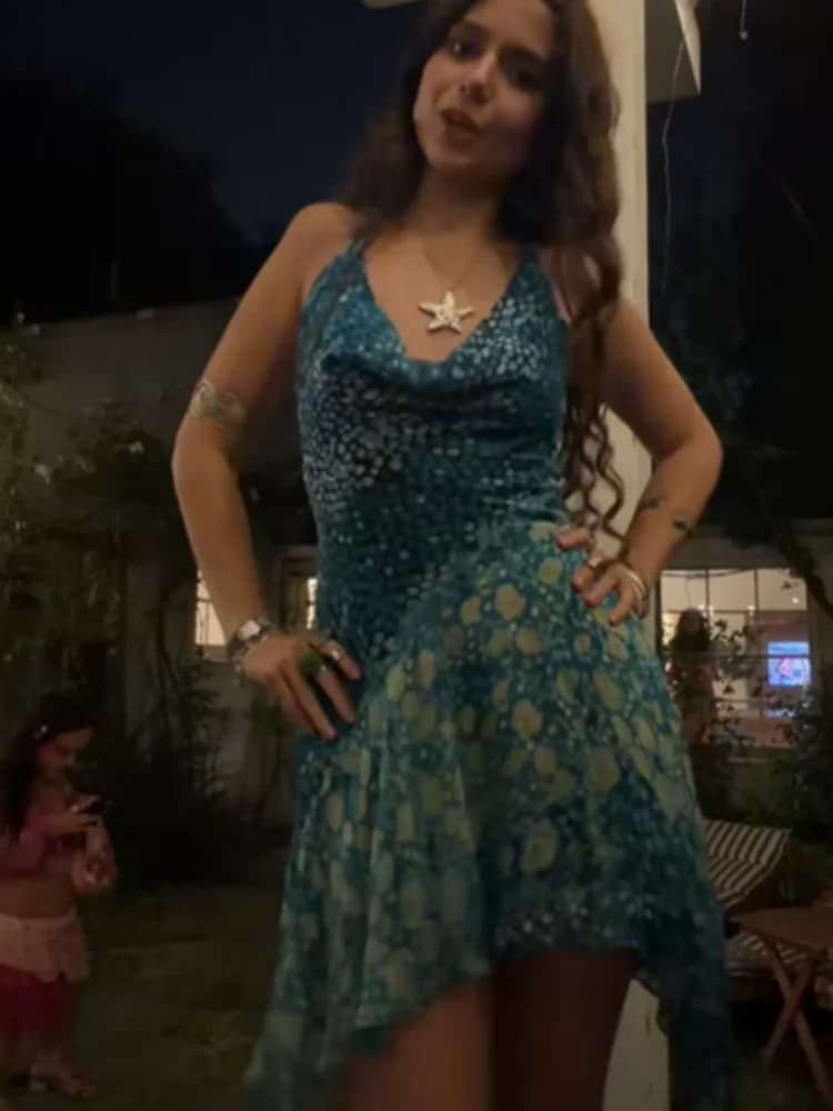 Abito Vintage Blu Verde Stampato con Scollo all'Americana da Donna, Elegante Senza Maniche, con Schiena Scoperta, in Chiffon, Mini Abito Estivo per Feste, Vacanze e Spiaggia