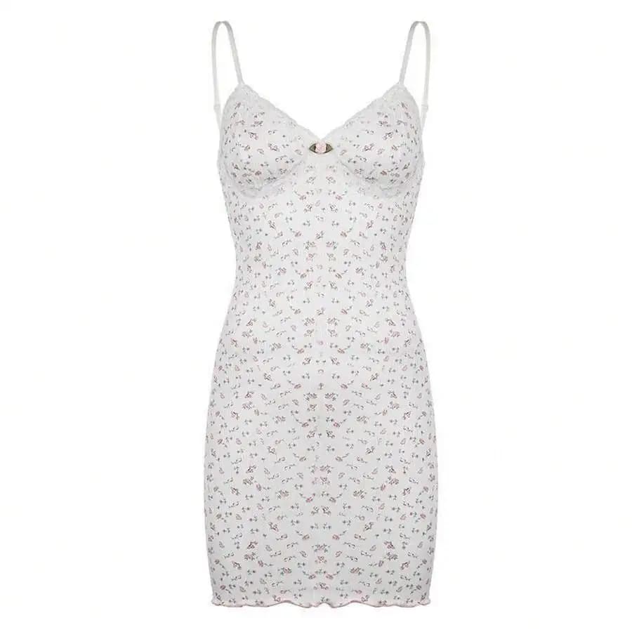 Camicia da notte con stampa floreale, scollo a V e finiture in pizzo per donna