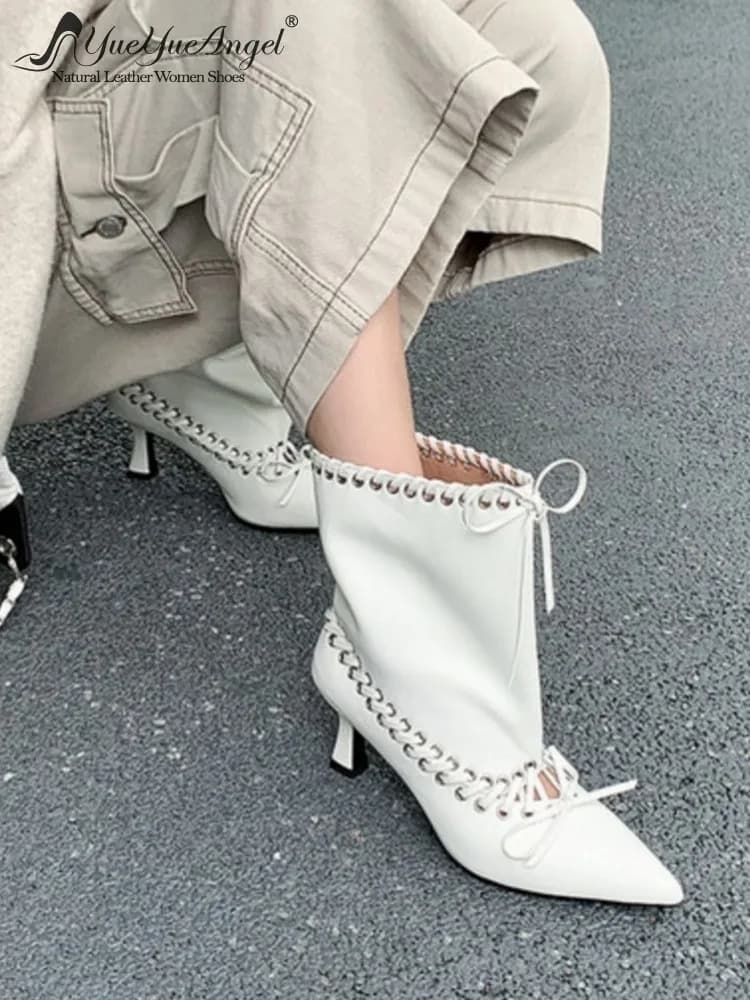 Winter Women Design Stilettos Pointed Toe Bowknot Cross Tied Lace Up Split Leather Ankle Boots Solid Color Elegant Fashion Shoes